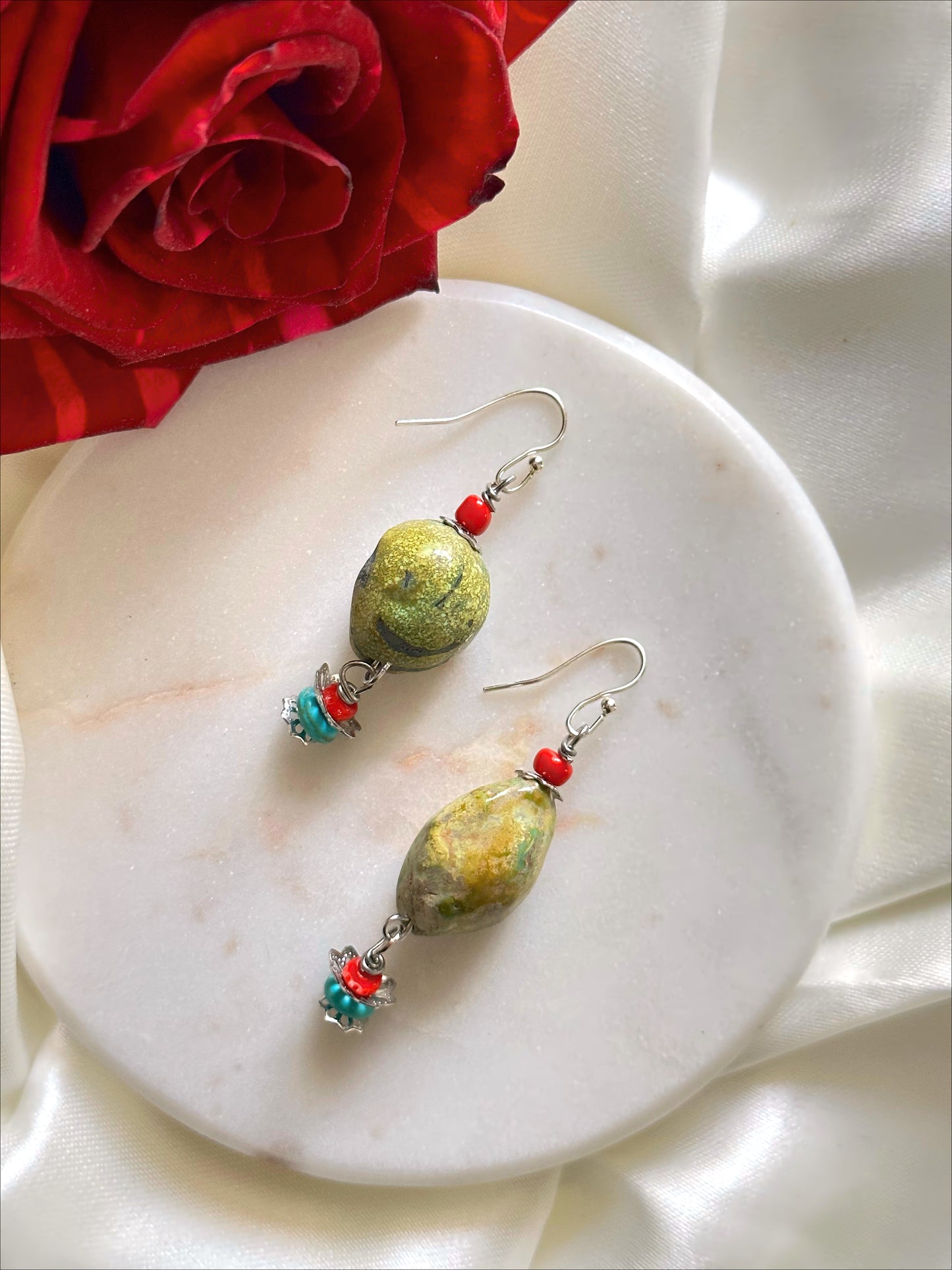 Red Corals and Antique Green Turquoise Earrings