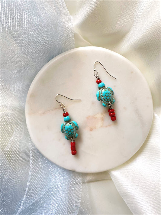 Turquoise Turtle and Red Coral earrings.