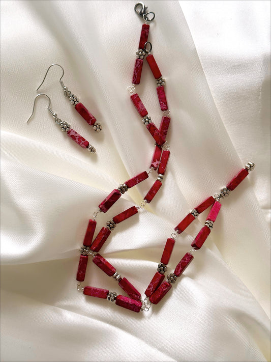 Red Jadeite Necklace and Earrings